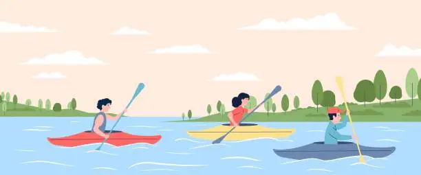 Vector illustration of Canoeing and kayaking competition. People riding boats on river or sea. Wild recreation or hiking, forest family friends resting, recent vector scene