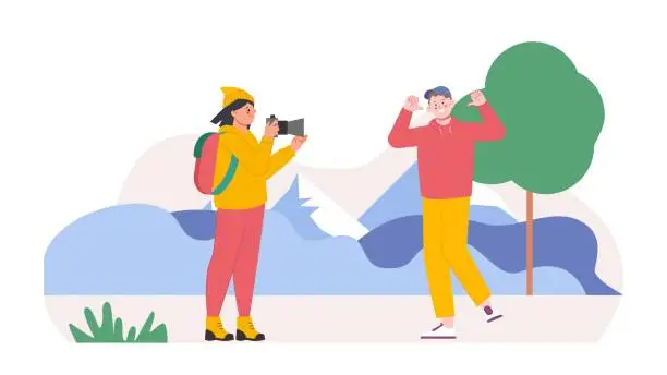 Vector illustration of Girl taking photo boyfriend on nature. Sport hiking, travellers with backpack. Young photographer, happy guy doing content, vector scene