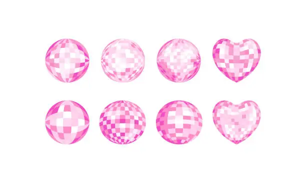 Vector illustration of Set of pink disco balls and hearts