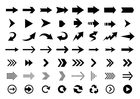 Arrows flat black icons. Direction pointers vector icons. Big collection. Vector set of black arrow signs.