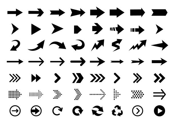 Arrows flat black icons. Direction pointers vector icons. Big collection. Vector set of black arrow signs Arrows flat black icons. Direction pointers vector icons. Big collection. Vector set of black arrow signs. chevron road sign stock illustrations