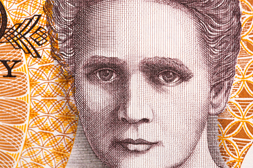 Marie Curie a closeup portrait from old Polish money - Zloty