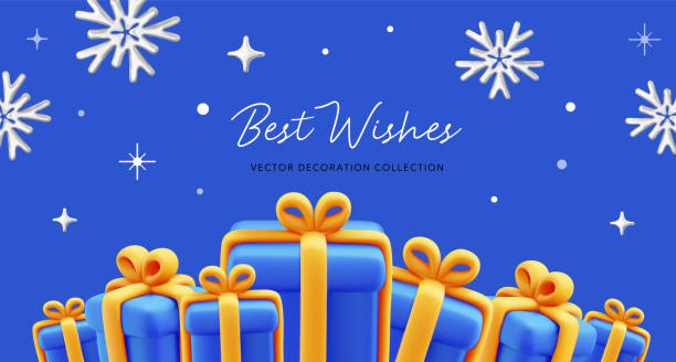 istock Vector illustration of realistic blue gift box with yellow ribbon and text. 3d style holiday design of pile of present box with snowflake on blue color background. Festive gift surprise 1837142122