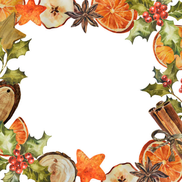 Square frame with holly branches, dry orange, spices. Hand drawn watercolor illustration. Circle frame on a white background for New Year and Christmas. Square frame with holly branches, dry orange, spices. Hand drawn watercolor illustration. Circle frame on a white background for New Year and Christmas christmas menu template clip art stock illustrations