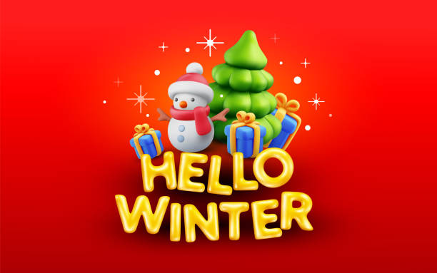 istock Vector illustration of green christmas tree and golden text hello winter on red color background with snowman and gift box. 3d style winter holiday design of happy new year 2024. Decorative symbol and present 1837150584