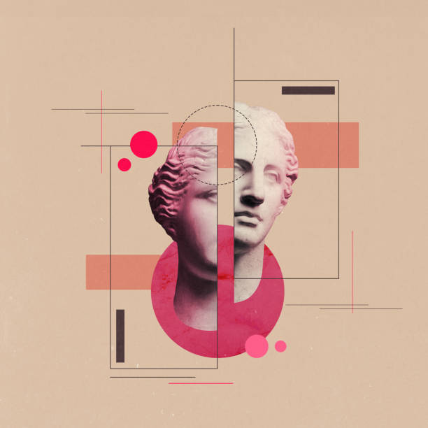 póster. collage de arte contemporáneo. obra de arte futurista de estatua antigua griega recortada sobre fondo beige pastel con figuras vibrantes modernas y garabatos. - imagen pintada fotografías e imágenes de stock
