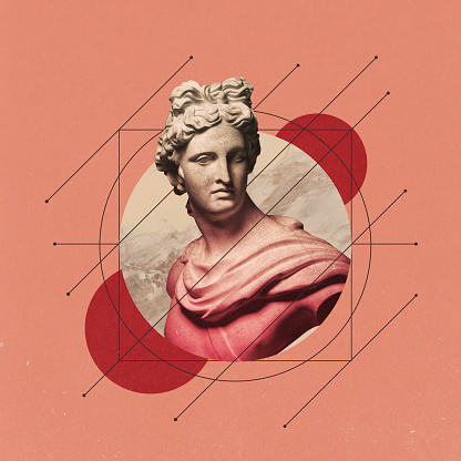 Contemporary art collage. Antique bust of statue against peachy color background with futuristic design. Concept of aesthetic, fashion, style, surrealistic, inspiration, idea. Trendy magazine style