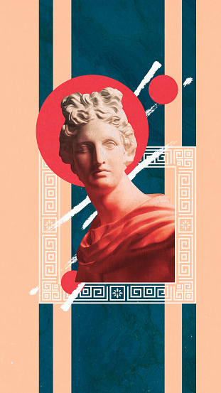 Poster. Contemporary art collage. Antique Greek sculpture in red neon light inside ornamented frame against striped background. Concept of aesthetic, fashion, style, surrealistic, inspiration, idea.