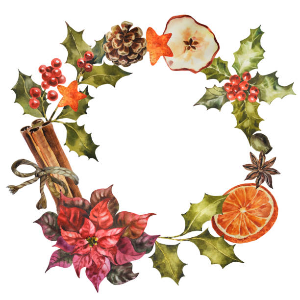 Wreath with holly branches, dry orange, poinsettia, spices. Hand drawn watercolor illustration. Circle frame on a white background for New Year and Christmas Wreath with holly branches, dry orange, spices. Hand drawn watercolor illustration. Circle frame on a white background for New Year and Christmas christmas menu template clip art stock illustrations