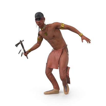 Native American Iroquois Holding a Tomahawk. Has a war paint. 3D rendering.