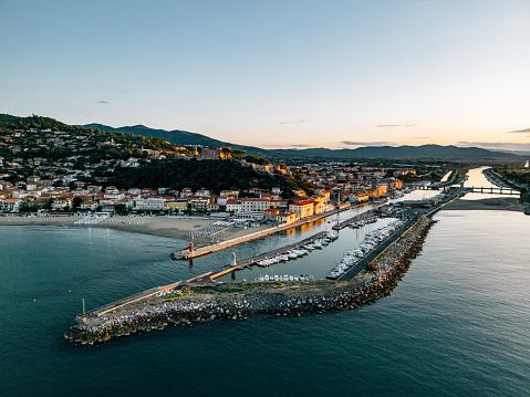 Aerial view of Castiglione della Pescaia at sunrise