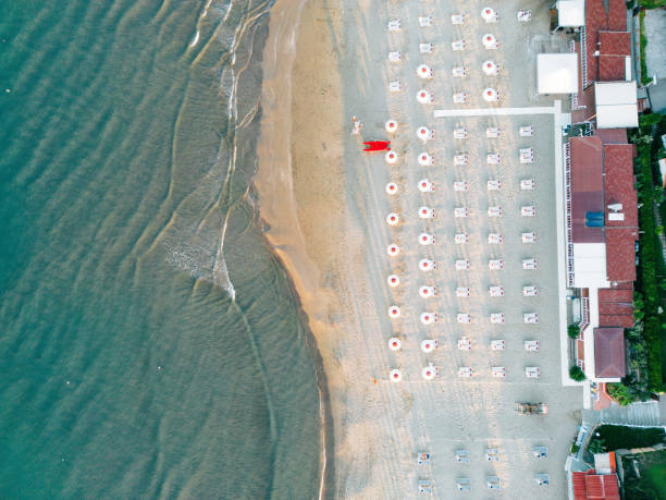 Aerial view of a beach with many beach umbrellas. Italian beach in summer.