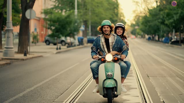 A happy couple, a guy with long curly hair in a denim jacket, rides with his happy girlfriend in a checkered shirt on a green moped with the headlight on along a wide summer street in the city