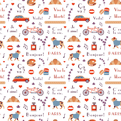 Paris pattern with symbols of France. French bulldog dog in beret, croissant, macaron, tandem bicycle, baguette, perfume, lavender, retro car and phrases on romantic french seamless background.