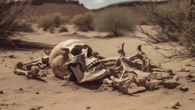 Skeleton and scull bones of human remains in the desert after body decomposed. A suspicious crime scene after a murder