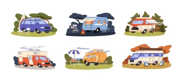 Vector illustration of Vintage campers car outdoors set. Holiday caravans, travel vans. Retro motorhomes for camping in nature. Auto home on campground, campsite. Flat isolated vector illustration on white background