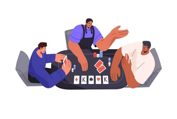 Vector illustration of People sitting on the poker table in casino. Persons play cards, gambling board game. Gambler betting on blackjack tournament. Chance boardgame. Flat isolated vector illustration on white background