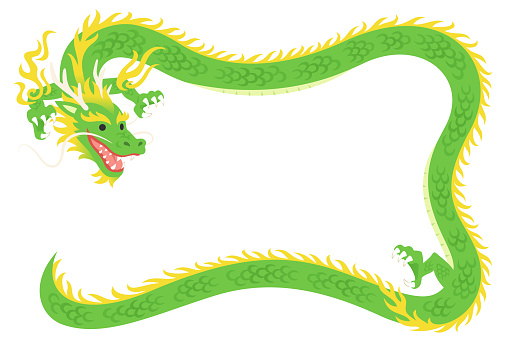 Horizontal frame illustration of a Chinese style green long dragon