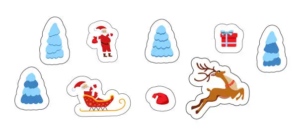 Vector illustration of Cute New Year and Christmas themed stickers. Santa Claus on a sleigh with a deer and gifts.