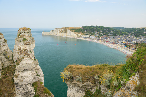 Etretat, France - July 19, 2022: Chalk cliffs of Etretat (Normandy France) on a sunny day in summer