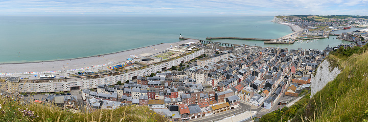 Le Treport, France - July 13, 2022: The city of Le Treport on a sunny day in summer, aerial view