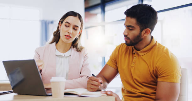 istock Business, collaboration and employees planning, meeting and explain process, system and share ideas in office. Staff, man and woman brainstorming, conversation and discussion with report and feedback 1837208481