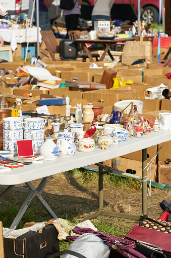 Variety of items on flea market without people