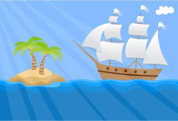 Vector illustration of Cartoon sailboat. A sailboat sails to the island.