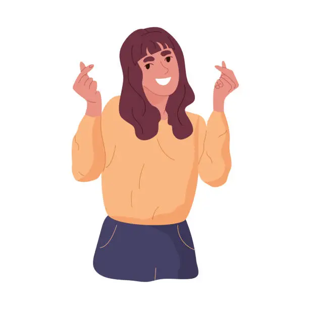 Vector illustration of Happy woman showing mini heart hand sign with two crossed fingers.