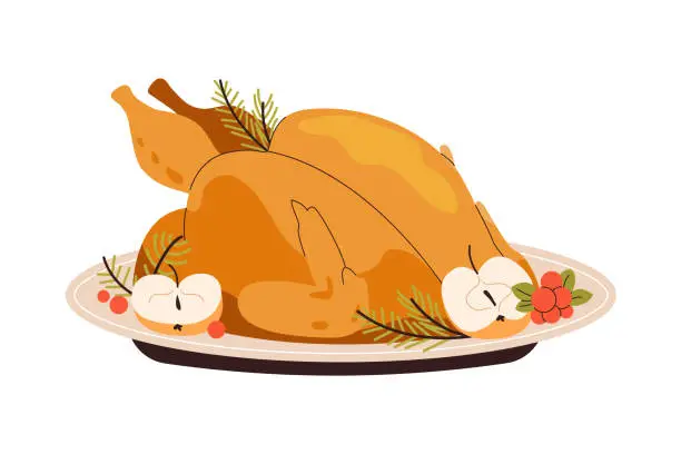 Vector illustration of Christmas turkey roasted with apples on a platter