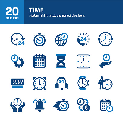 Time solid icons. Containing clock, alarm, stopwatch, calendar solid icons collection. Vector illustration. For website design, logo, app, template, ui, etc.