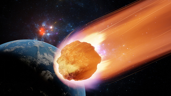 Asteroid, fall of comet to earth, Armageddon disaster, danger meteorite. Huge fiery comet is flying in space towards Earth. Elements of this image furnished by NASA. 3d render. https://visibleearth.nasa.gov/collection/1484/blue-marble