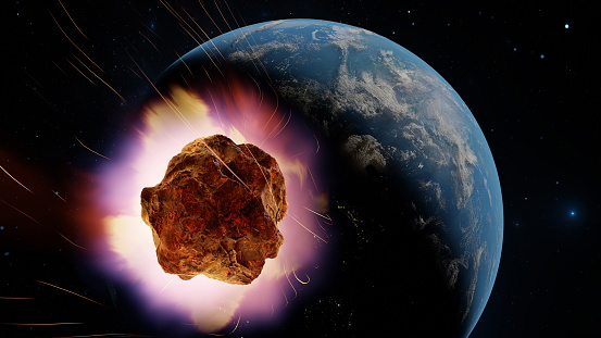 Asteroid, fall of comet to earth, Armageddon disaster, danger meteorite. Huge fiery comet is flying in space towards Earth. Elements of this image furnished by NASA. 3d render. https://visibleearth.nasa.gov/collection/1484/blue-marble