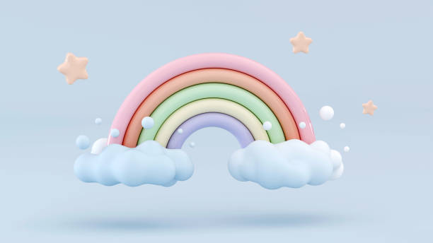 istock 3d rainbow with clouds and star on blue background Low poly Cartoon style Cute baby element in pastel colors 1837266562