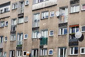 Social issues: old and shabby Soviet-era panel building apartments in the heart of the modern university city of Wrocaw (Breslau) in Poland