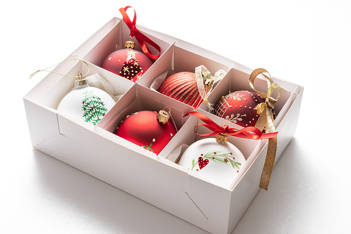 Christmas tree balls in a box  on white background. Christmas decoration.
