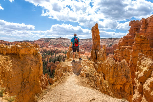 Caucasian man standing on a ridge in the Bryce Canyon and enjoying the view Caucasian man standing on a ridge in the Bryce Canyon and enjoying the view sunrise point stock pictures, royalty-free photos & images