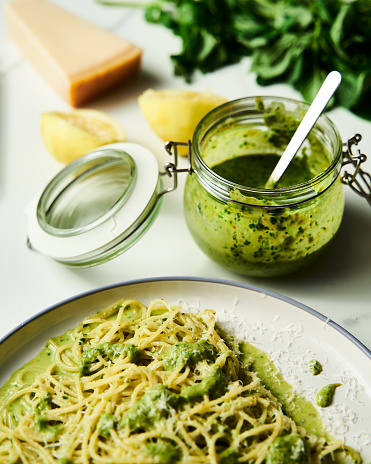 Lemony Bliss Pasta: A Vibrant Delight of Linguine with Zesty Lemon Pesto, Bursting with Fresh Flavors High quality photo