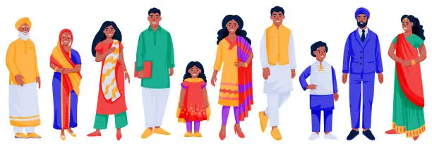 Vector illustration of Indian people in traditional clothing set. Vector cartoon characters illustration. Family, kids, seniors, men and women