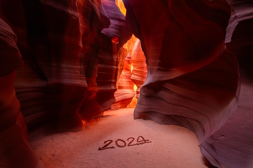 The Antelope Cave in Arizona, USA, with a 2024 number etched into the sand