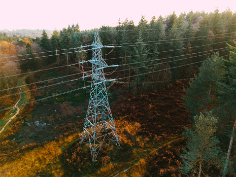 Aerial view, taken by drone, depicting electricity pylons in a forested area of southeast England.