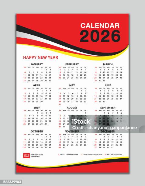 Wall Calendar 2026 Template Calendar 2026 Design Red Wave Background ...
