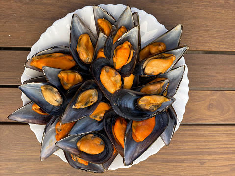 closeup of a beautiful plate of mussels