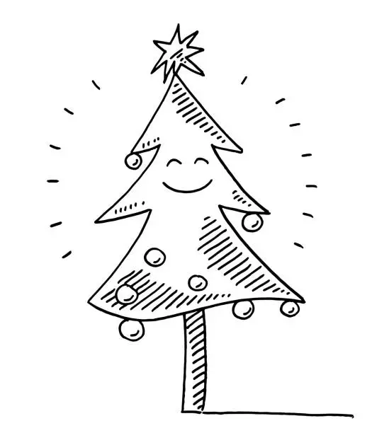 Vector illustration of Cute Kawaii Christmas Tree Drawing