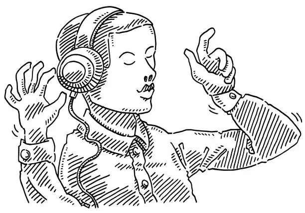 Vector illustration of Man Listening Music Headphones Drawing