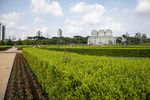 Beautiful Jardim Botânico of Curitiba postcard of the city with greenhouse and garden on a sunny day Paraná Brazil