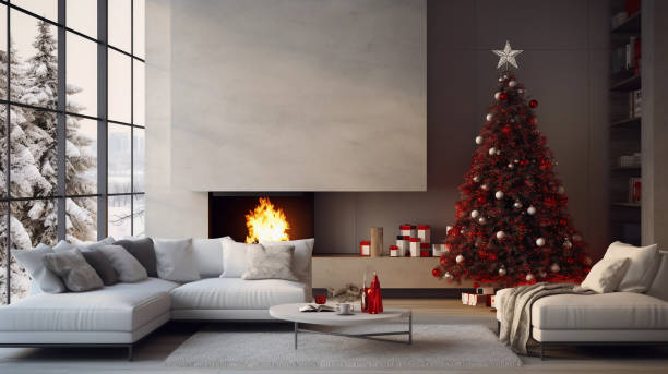 istock Christmas tree in modern living room with fireplace 1837372771