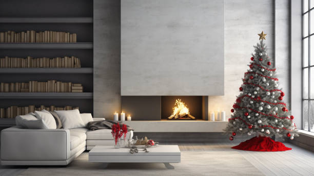 istock Christmas tree in modern living room with fireplace 1837372819