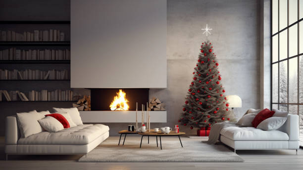 istock Christmas tree in modern living room with fireplace 1837373889