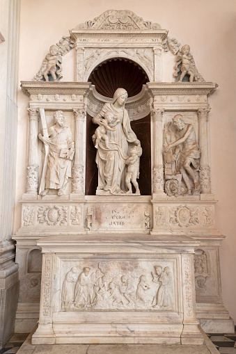 Naples - The side altar with the marble statue of Madonna, St. Andrew and Jerome,  the church Chiesa di Sant'Anna dei Lombardi by Giovanni da Nola (1532).